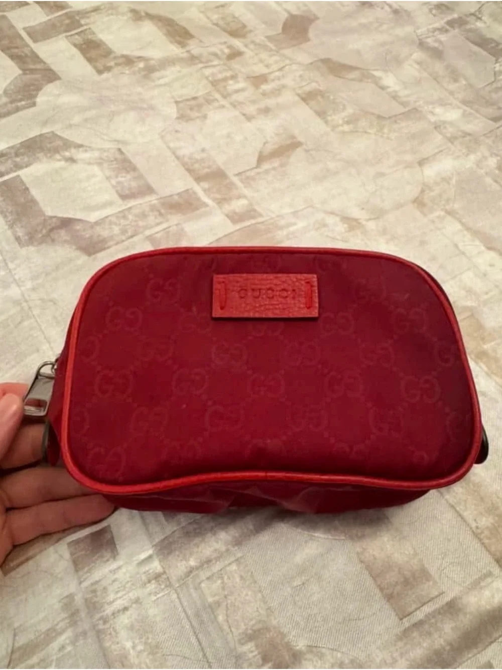 Gucci Red Leather Logo Cosmetic Pouch Interior Tag